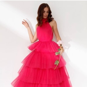 Hot Pink Wedding Guest Dress, Tulle Women Mauve Tea Length Dress, Bridesmaid dresses, Photoshoot Dress, Ruffled Evening Gown, Prom Dress
