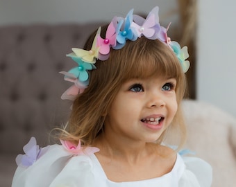 READY TO SHIP - Multicolored Butterfly Baby Headband, Flower Girl Grown, Birthday Hair Accessories, Princess Ornament, Rainbow Unicorn Crown
