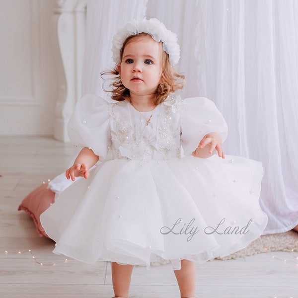 White Pearls Flower Girl Dress Infant First Birthday Baby Dress Tutu Toddler Baptism Dress Special Occasion First Communion Pageant Dress