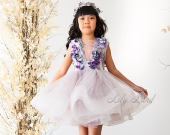 Floral Girl Dress For Birthday Party, Tutu Flower Girl Dress, Tulle Dress With 3D Flowers Lace, Pageant Toddler dress, Princess Dress