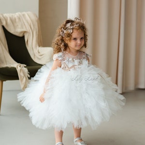 White Flower Girl Dress, First Birthday Baby Dress, Tulle Tutu Toddler Baptism Dress for Special Occasion, First Communion Pageant Dress