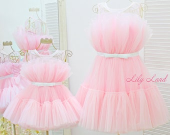 Mommy and me,Pink Matching Dresses For Mother And Daughter, Wedding Guest Dresses, Tutu Tulle Dress,Birthday Daughter Dress.Photoshoot Dress