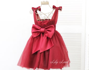 Burgundy Girl Dress READY TO SHIP, Christmas Kids Dress, Tulle Dress, Birthday Girl Gown, Xmas Photoshoot Outfit, Fast Delivery