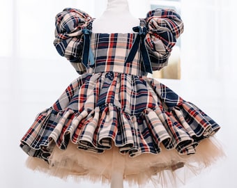 Baby Girl Christmas Dress, Blue Red Plaid Gown, Christmas Photoshoot Costume, Short Puffy Sleeve, Xmas Toddler Dress, Flannel Baby Dress