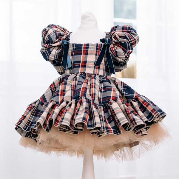 Baby Girl Christmas Dress, Blue Red Plaid Gown, Christmas Photoshoot Costume, Short Puffy Sleeve, Xmas Toddler Dress, Flannel Baby Dress