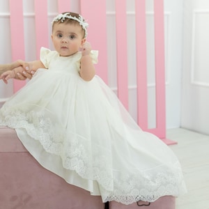 Ivory Baptism Christening Set, Flower Girl Dress, Special Occasion Toddler Dress, Tulle Wedding Prom Gown, Baby Shower Gift, First Communion