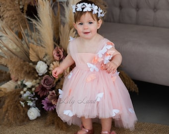 Persikofärgad fjärilsklänning, Babyklänning för första födelsedagsfest, Blomsterflickaklänning, Tutuklänning för småbarn, Klänning för speciella tillfällen, Prinsessklänning för älvor