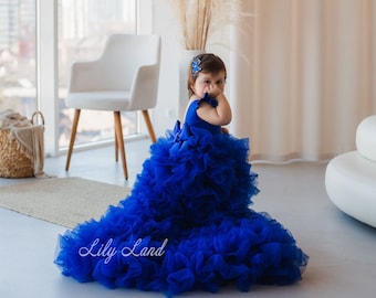 Electric Blue Birthday Baby Princess Dress, Flower Girl Dress Puffy Dress With Train, Prom Ball Pageant Gown Junior Bridesmaid Wedding Dress