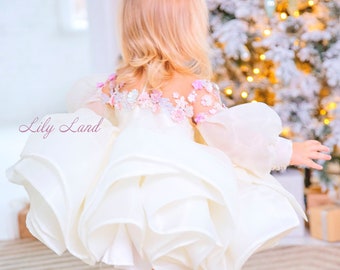 White puffy girls dress, baby birthday party dress, flower girl dress, white baby dress with long sleeve, 1st birthday dress, princess dress