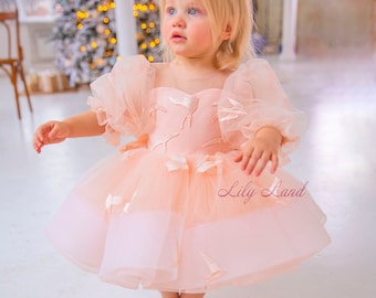 Tutu baby girl birthday dress, peach puffy baby dress, flower girl dress,1st birthday dress with puffy sleeve, short pageant girl dress