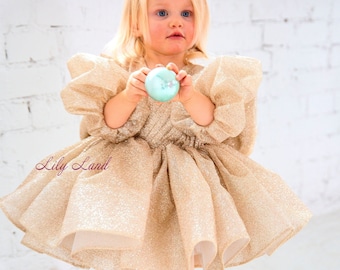 Gold Sparkly Girl Dress, 1st Birthday Baby Dress With Big Bow