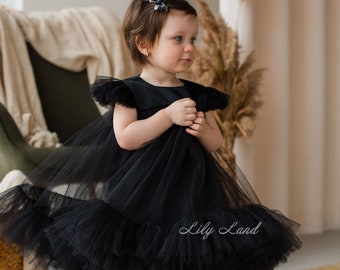 Tenue d’anniversaire courte gonflée tutu d’été noir, robe de fille photoshoot, robe de bébé princesse pour tout-petits, robe fantaisie pour bébé occasions spéciales