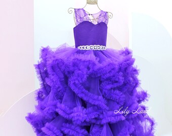 Bohemian purple maxi girl dress with ruffles, birthday girl dress with rhinestones belt, flower girl dress,pageant girl dress,princess dress