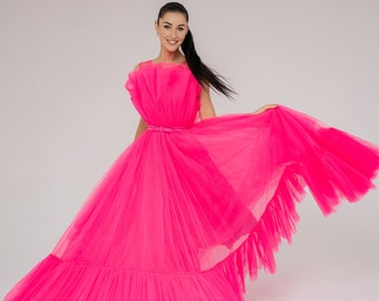 Maxi Dress For Woman, Wedding Dress, Junior Bridesmaid Dress, Hot Pink Tulle Dress, Photoshoot Dress, Bachelorette Party, Evening Dress