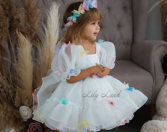 READY TO SHIP Butterfly White Tutu & Tulle Puffy Flower Girl Dress, First Baby Birthday Prom Gown, Pageant Toddler Special Occasion Dress