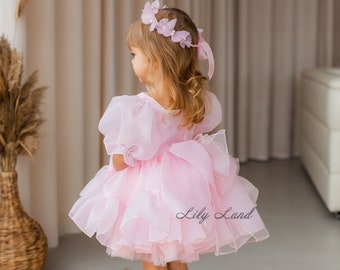 READY TO SHIP- Blush Puffy Flower Girl Dress, First Baby Birthday Party Dress, Tutu Princess Prom Gown, Pageant Special Occasion Dress