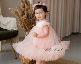 Peach Summer Tutu Short Puffy Birthday Outfit, Photoshoot Girl Dress, Toddler Princess Baby Girl Dress, Fancy Infant Dress Special Occasions