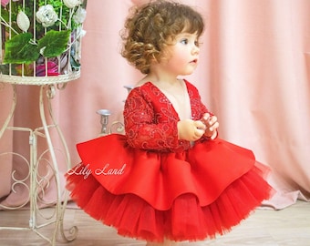 READY TO SHIP - size 9-12 - Red Tutu First Birthday Dress, Lace Flower Girl Dress, Special Occasion Photoshoot Pageant Toddler Prom Gown
