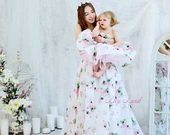 Floral Matching Dresses For Mommy and Me, Wedding Guest Dresses, Maxi Woman Dress, Tutu Baby Dress, First Birthday Photoshoot Dress