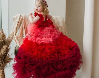 Red Ombre Toddler Dress, Flower Girl Dress, Toddler Birthday Princess Dress, Puffy Dress With Train, Prom Ball Pageant Gown
