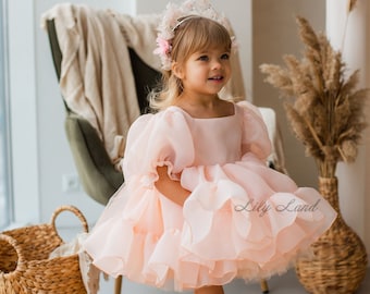 READY TO SHIP - Peach Tutu Puffy Flower Girl Dress, First Baby Birthday Party Dress, Princess Pageant Prom Toddler Special Occasion Gown