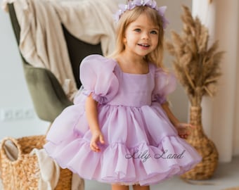 READY TO SHIP - Pale Lavender Tutu Puffy Flower Girl Dress, First Baby Birthday Party Princess Gown, Pageant Toddler Special Occasion Dress