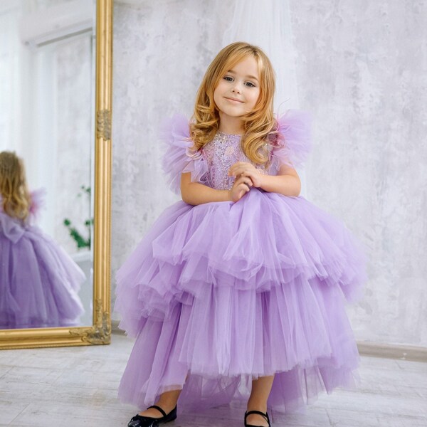 Lavender Flower Girl Dress, Birthday Girl Gown, Hi Lo Ruffled Tulle Dress, Puffy Feathers Sleeve, Formal Event Outfit, 1st Birthday Dess