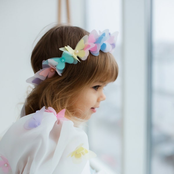 Bandeau de bébé fille papillon multicolore, fille de fleur cultivée, accessoires de cheveux d'anniversaire enfant en bas âge, ornement de princesse, couronne de mariée de mariage
