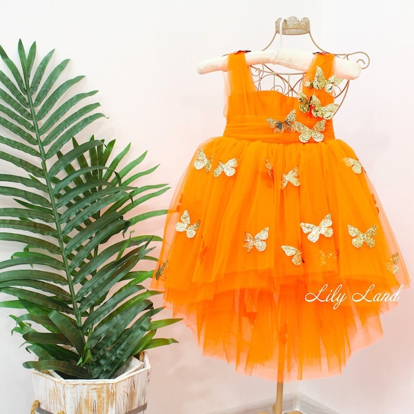 Girl Orange Elephant Dress - Beige