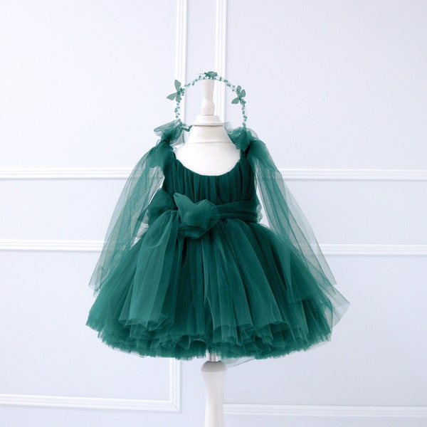 Emerald Green Puffy Winter Christmas Photoshoot Dress, First Birthday Baby Dress, Puffy Pageant Special Ocassion Holiday Dress, Prom Gown