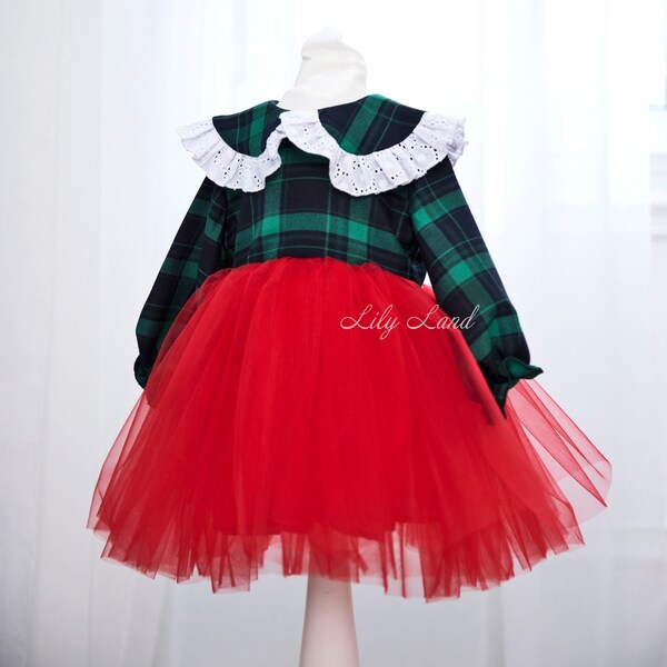 READY TO SHIP -size 9-12- Baby Girl Christmas Dress, Green Plaid Dress, Xmas Photoshoot Gown, Long Sleeve, Tulle Toddler Dress, Lace Collar