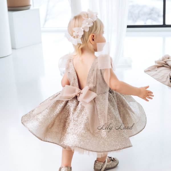 Gold Glitter Birthday Girl Dress, Flower Girl Dress, Sparkling Prom Gown, Pageant Dress, Special Occasion Toddler Tutu Baby Infant Dress