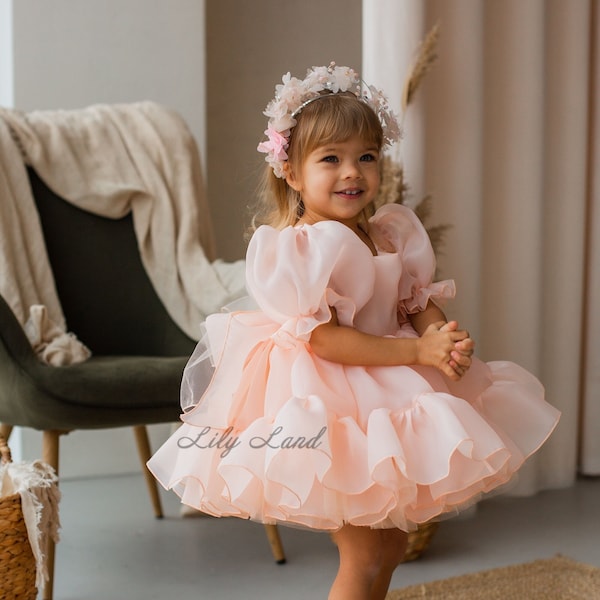 Peach Tutu & Tulle Puffy Flower Girl Dress, First Baby Birthday Party Dress, Princess Girl Gown, Pageant Toddler Special Occasion Dress