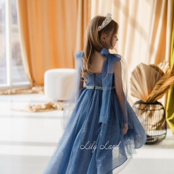 Marineblauwe glitter prom baljurk optocht meisje jurk met trein, bloemenmeisjes jurk, formele gebeurtenis peuter jurk, baby verjaardag partij outfit