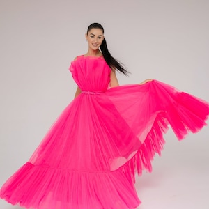 Maxi Dress For Woman, Wedding Dress, Junior Bridesmaid Dress, Hot Pink Tulle Dress, Photoshoot Dress, Bachelorette Party, Evening Dress