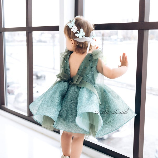 Green Glitter Birthday Party Baby Dress, Infant Flower Girl Dress, Sparkling Prom Gown, Pageant Dress, Special Occasion Toddler Dress