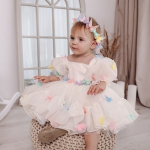 Butterfly White Tutu & Tulle Puffy Flower Girl Dress, First Baby Birthday Party, Princess Girl Gown, Pageant Toddler Special Occasion Dress