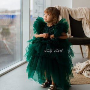 Smaragdgrünes Blumenmädchenkleid, Geburtstags-Boho-Ruff-Kleid mit Federn, Festzug-Prinzessinnenkleid für besondere Anlässe, Abschlussball-Abschlusskleid