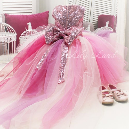 Sequin Girls Dress Rose Gold Baby Dress With Train Pink Dress Etsy