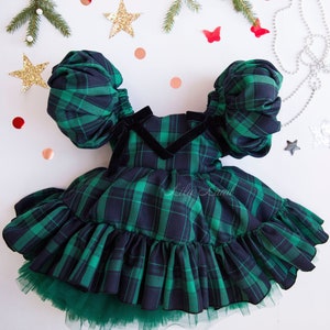 Christmas Baby Girl Dress, Green Plaid Dress, Short Puffy Sleeve, Tutu Toddler Dress, Flannel Baby Dress, Christmas Photoshoot Gown
