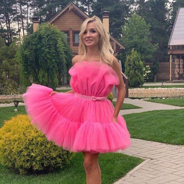 Pink tulle dress for women, off shoulders dress, wedding guest dress, short knee dress, fluffy dresses, bridesmaid dress, party dress