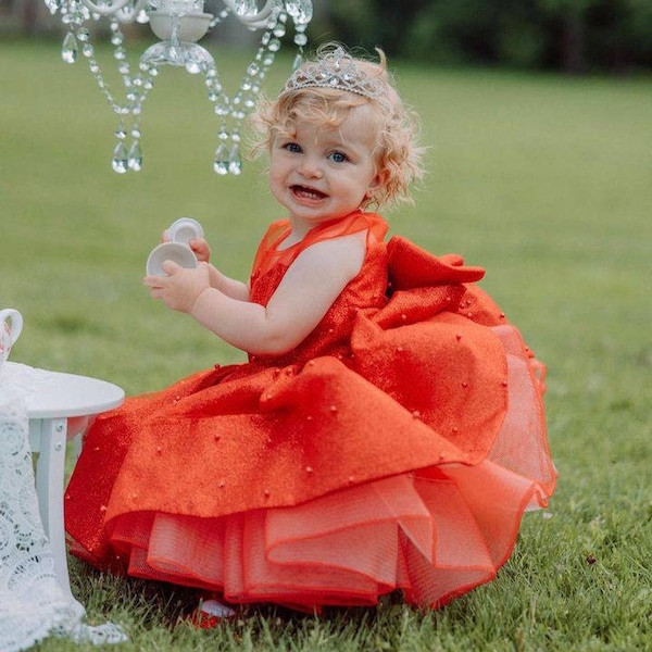 Red Birthday Girl Dress, Photoshoot Baby Gown, Pearls Kids Outfit, Tutu Toddler Dress, Formal Event Puffy Dress, Flower Girl Sparkly Dress