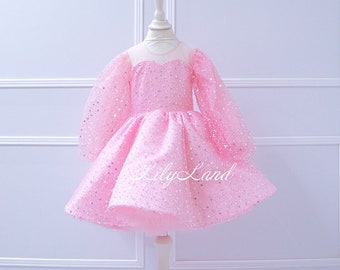 Pink Sparkling Long Sleeves Puffy Birthday Baby Dress, Wedding Guest Junior Bridesmaid, Tutu Pageant Prom Gown, Xmas Photoshoot Wear