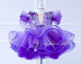Purple Floral Birthday Baby Girl Dress, Flower Girl Dress, Prom Ball Gown, Toddler Dress With Flowers, Infant Special Occasion Dress
