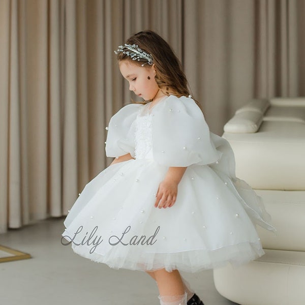 White Flower Girl Dress, First Communion Baptism Baby Dress, Special Occasion Wedding Birthday Prom Gown, Puffy with Pearls Pageant Dress