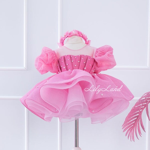 Pink Sparkling Flower Girl Dress, Prom Graduation Pageant Dress, Tutu Puffy Birthday Baby Gown, Special Occasion Toddler Wedding Guest Dress