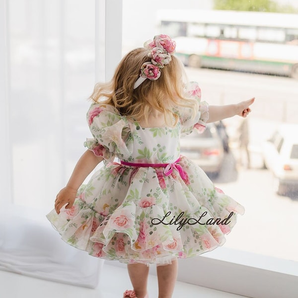 Blumen-Puffy-Blumenmädchenkleid, erstes Baby-Geburtstags-Partykleid, Tutu- und Tüll-Prinzessin-Mädchenkleid, Pageant-Kleinkind-Kleid für besondere Anlässe