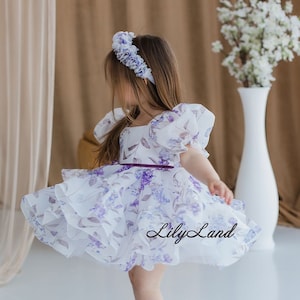 White with Flowers Puffy Flower Girl Dress, First Baby Birthday Party Dress, Tutu Tulle PrincessGown, Pageant Toddler Special Occasion Dress