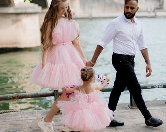 Mommy and me,Pink Matching Dresses For Mother And Daughter, Wedding Guest Dresses, Tutu Tulle Dress,Birthday Daughter Dress.Photoshoot Dress