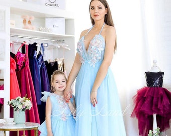 Mommy and me dresses floral pattern light blue mother daughter matching dresses mom and baby  tulle dress blue wedding birthday party dress